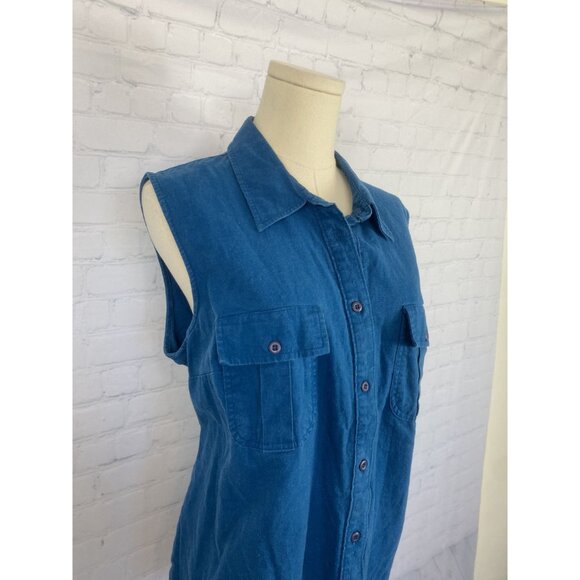⭐ 3/$15 Massini Size 20W Linen Blend Blue Button Up Shirt Tank Top - Picture 4 of 6